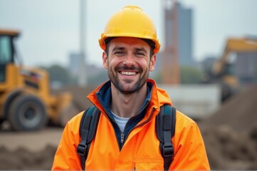 Man wearing orange jacket and yellow hard hat on a construction site