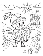 Cartoon knight coloring page with castle and smiling sun