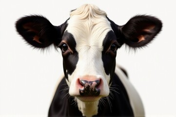 A close-up shot of a cow's face on a white background