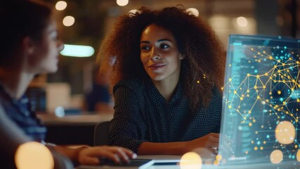 Collaboration among diverse professionals with a network of connections illuminated on a screen at night, network of connections with icons over diverse colleagues talking in office - Powered by Adobe