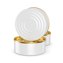 Tree small round tin cans isolated. 3D rendering illustration. Transparent PNG image.