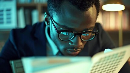 Focused professional analyzing financial data in a modern office environment during the evening, financial data processing over african american businessman in office - Powered by Adobe