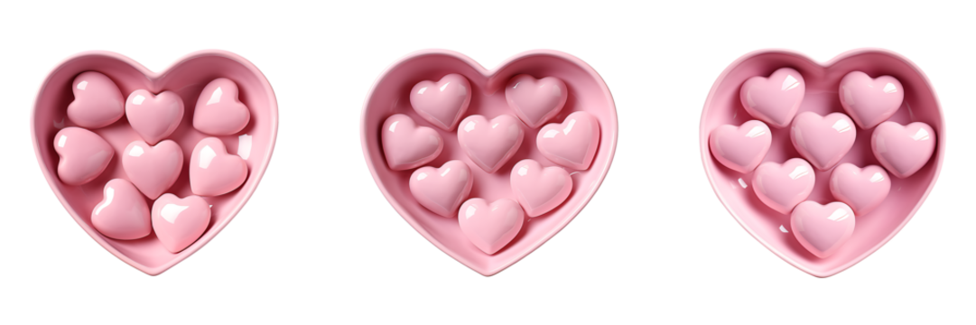 Set of heart-shaped boxes with pink candies isolated on transparent background - Powered by Adobe