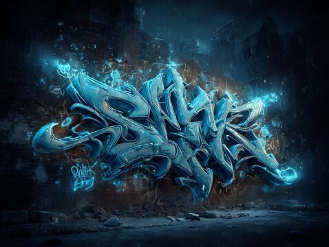 Experimental graffiti calligraphy glowing with icy blue tones over cityscape