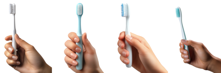 Collection of hands holding toothbrushes, isolated on a transparent background