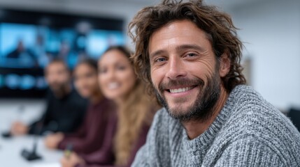 Fototapeta premium smiling man with curly hair sits at a conference table during a business meeting. Colleagues are visible in the background, engaged and focused on discussions in a modern office environment