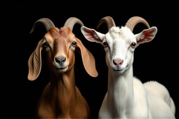 Fototapeta premium A pair of goats standing side by side in a natural setting, possibly for companionship or grazing