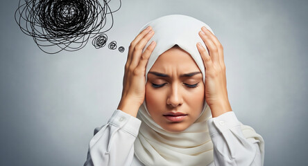 Stressed Muslim Woman in Hijab with Anxiety Thought Concept - Mental Health Awareness