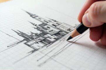 A person draws a castle with a pencil, focusing on the details