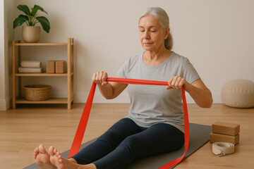 elderly woman practicing seated yoga with resistance band, focusing on fitness and relaxation. comfortable home setting with plants and exercise equipment, promoting healthy lifestyle.