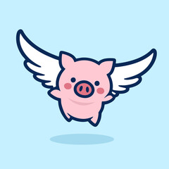 flying winged pig icon logo illustration. cute piglet with wings Illustration cartoon doodle mascot character. 
