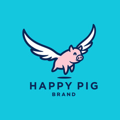 flying winged pig icon logo illustration. cute piglet with wings Illustration cartoon doodle mascot character. 
