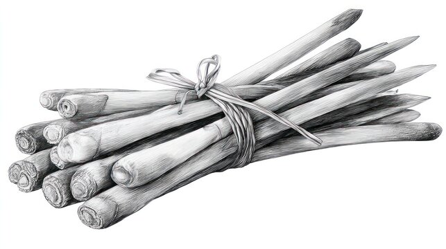 A grayscale drawing of bundled asparagus-like stalks