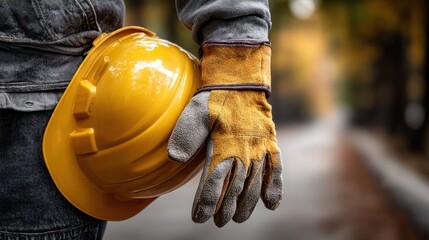 construction worker stands outdoors, holding a yellow hard hat in one hand and leather gloves in the other. backdrop features autumn foliage, creating a vibrant atmosphere for work