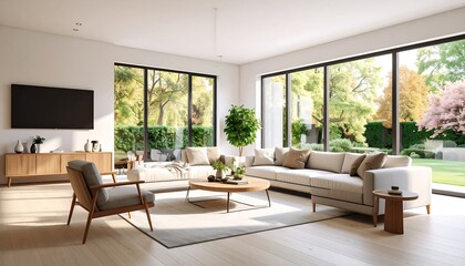 Fototapeta premium Modern living room with patio view