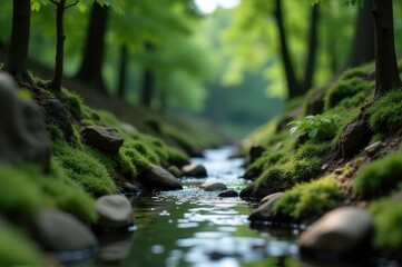 Fototapeta premium A serene and peaceful scene of a stream flowing through a lush green forest