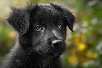 Captivating black puppy with expressive eyes exploring a vibrant outdoor garden under soft natural light