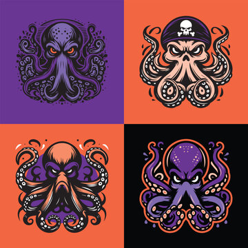 Vector illustration of a black cartoon octopus with spiraled tentacles. Suitable for tattoo art, T-shirt prints, posters, or logos.
