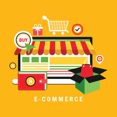Naklejka premium Online shopping concept with open laptop