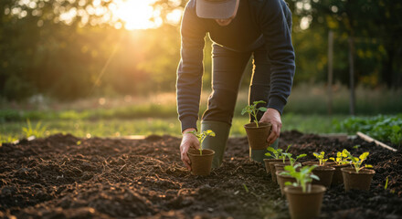 gardener planting seedlings in soil at sunset in lush outdoor garden. environmentally conscious cultivation scene highlights sustainable agriculture and nurturing plant growth in natural sunlight