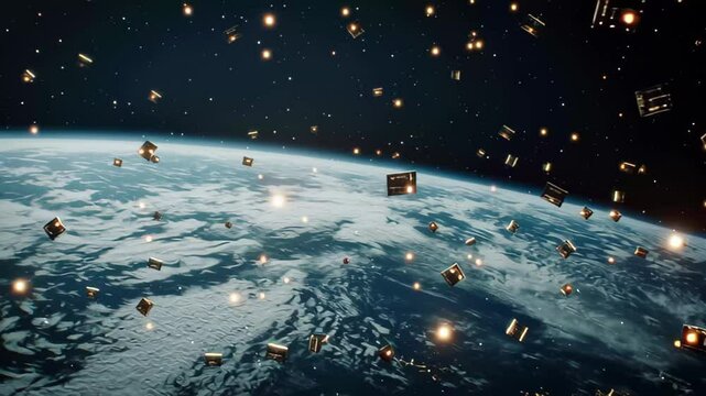 Countless satellites orbiting Earth create a dazzling display in low Earth orbit, a multitude of satellites in the form of points in space orbiting the Earth in a chaotic pattern