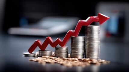 collection of coins is stacked in ascending order, with a red arrow positioned above indicating financial growth. background suggests a professional office environment