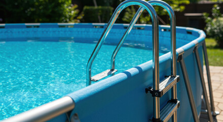 above-ground pool with metal ladder under bright sunlight, reflecting vibrant blue water. backyard swimming experience ideal for summer relaxation and family enjoyment outdoors.