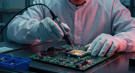 technician soldering circuit board in lab environment with precision tools and white gloves. engineering and electronics repair focus. high-tech industry and innovation imagery.