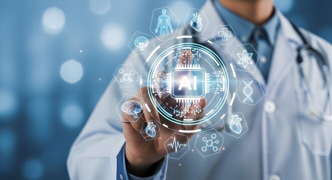 Doctor Interacting with Artificial Intelligence in a Medical Context, Medical technology, doctor use technology AI for diagnosis, care, and increasing accuracy patient treatment in future