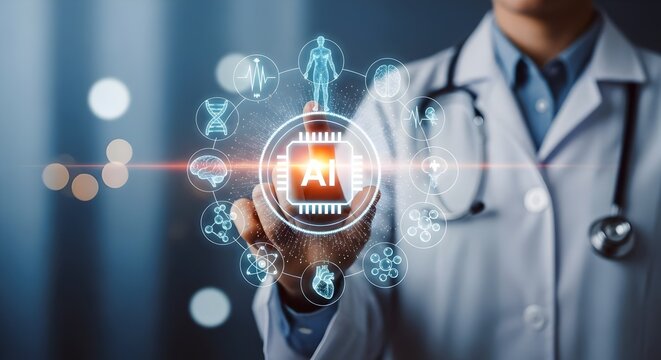 Doctor Interacting with Artificial Intelligence in a Medical Context, Medical technology, doctor use technology AI for diagnosis, care, and increasing accuracy patient treatment in future