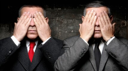 Two men, dressed in formal attire, stand side by side with their hands covering their eyes. They convey a powerful message about silence and observation against a textured dark backdrop