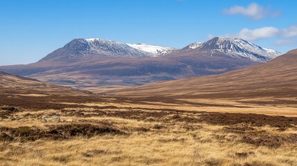 Panoramic view of snow-capped mountains under a clear blue sky, overlooking a vast, golden highland plain