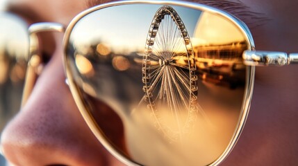 Sunglasses reflecting a Ferris wheel