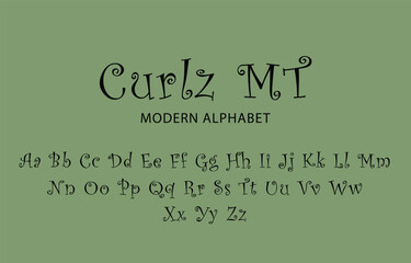 An illustration of CURLZ MT font for designing souces with green comfort background.