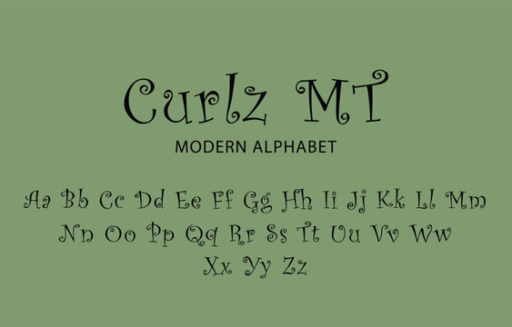 An illustration of CURLZ MT font for designing souces with green comfort background.
