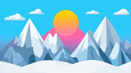 A vibrant sunset casts warm hues over a snow-capped mountain range, creating a serene and picturesque landscape