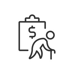 Retirement plan pixel perfect linear icon. Financial wellbeing, economics. Pension fund, budget. Senior, elder. Thin line illustration. Contour symbol. Vector outline drawing. Editable stroke