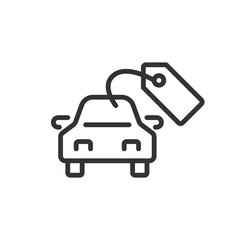 Buying car pixel perfect linear icon. Vehicle pricing tag, transport. Automobile maintenance. Financial management. Thin line illustration. Contour symbol. Vector outline drawing. Editable stroke