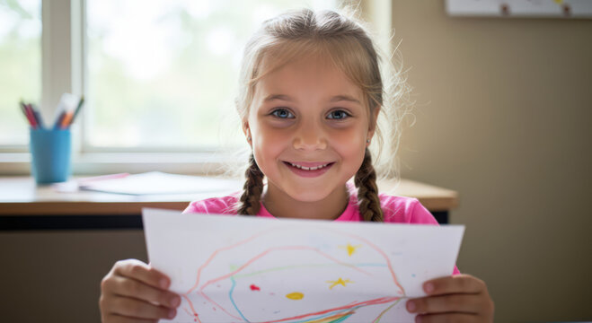 smiling girl holds colorful drawing in bright room, showcasing creativity and joy of childhood art. sunlit desk with pencils reinforces playful and educational atmosphere