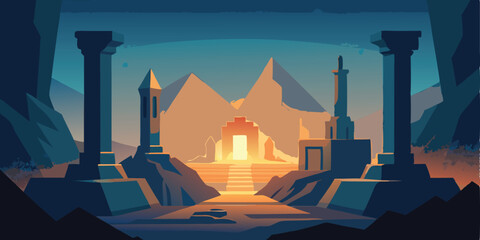 Vector illustration of an ancient city skyline with a castle, mosque, and architectural landmarks at sunset