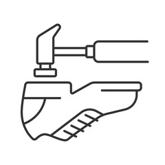 Shoes repair line icon. Hammer tapping sole of boot. Small business customer service. Footgear maintenance. Isolated vector illustration. Outline symbol. Simple linear drawing. Editable stroke