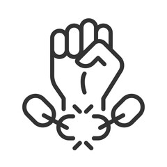 Freedom from slavery pixel perfect line icon. Stop trafficking and exploitation. Human rights. Fist breaking chain. Isolated vector illustration. Outline symbol. Simple linear drawing. Editable stroke
