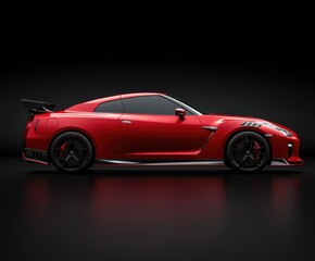 Powerful red sports car showcased against a black background highlighting its sleek design and performance features