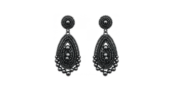 Black beaded earrings with intricate design and teardrop shape  