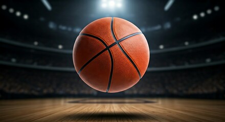 Obraz premium High-resolution image of a basketball floating above a pristine hardwood court in a dimly lit arena, ready for a game