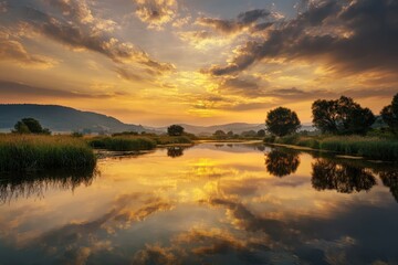 Fototapeta premium Vibrant sunset over a tranquil river reflecting golden hues with silhouettes of trees and mountains creating a breathtaking landscape