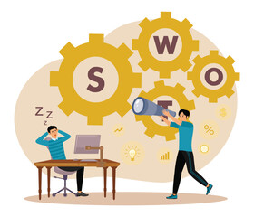 Teamwork Concept Featuring SWOT Analysis With Gears and Characters.