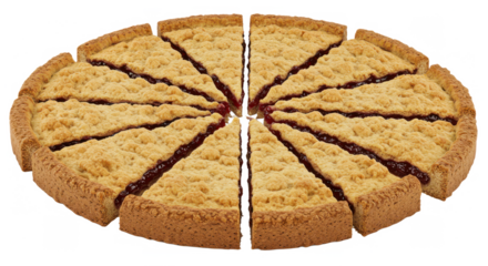 Layered jam-filled cake sliced into triangular pieces on white background  