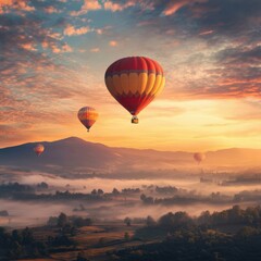 Hot air balloons rising over misty valleys at sunrise with vibrant colors enhancing the morning sky