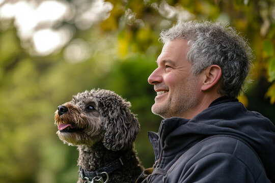 Man in Warm Jacket Walking Dog on Leash Through Peaceful Park Trail During Quiet Autumn Morning or Evening Light